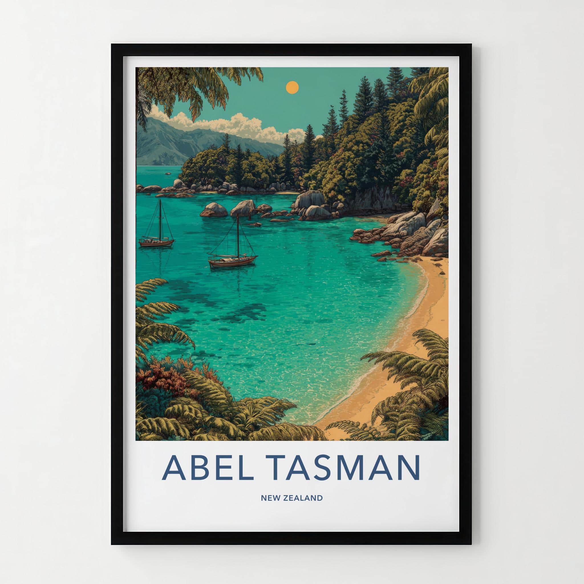 Abel Tasman Poster - New Zealand Travel Art - Azure boats Home Decor