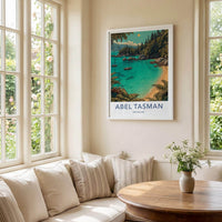 Abel Tasman Poster - New Zealand Travel Art - Azure boats Home Decor