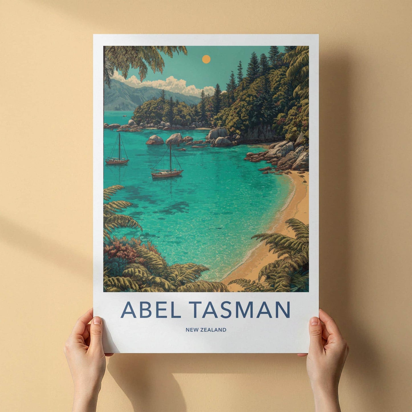 Abel Tasman Poster - New Zealand Travel Art - Azure boats Home Decor
