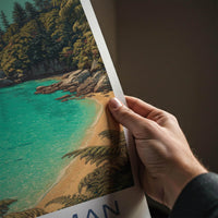 Abel Tasman Poster - New Zealand Travel Art - Azure boats Home Decor