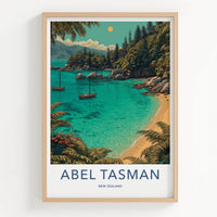 Abel Tasman Poster - New Zealand Travel Art - Azure boats Home Decor