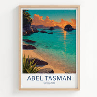 Abel Tasman Poster - New Zealand Travel Illustration - Sunset Bay Wall Decor