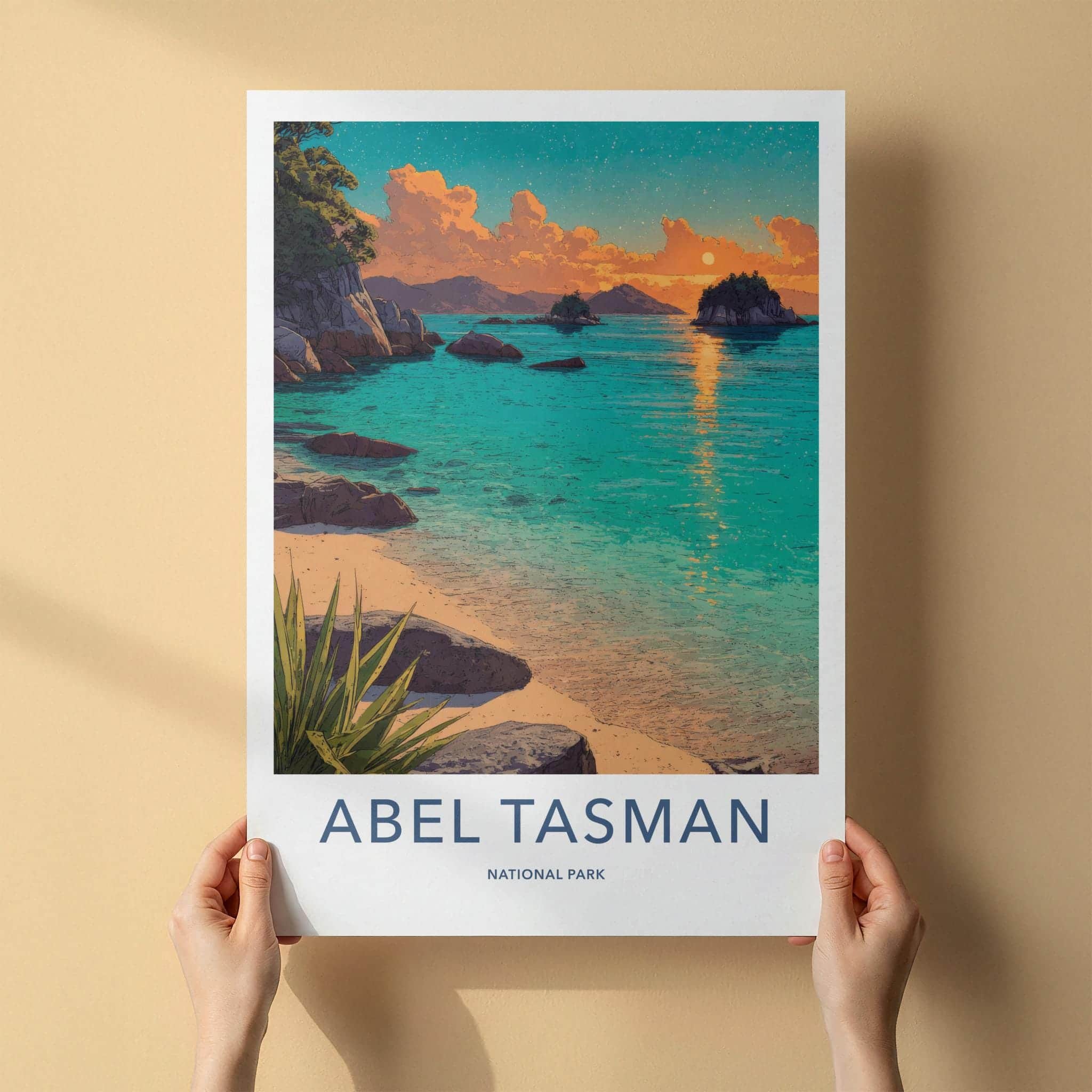 Abel Tasman Poster - New Zealand Travel Illustration - Sunset Bay Wall Decor