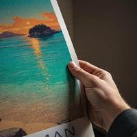 Abel Tasman Poster - New Zealand Travel Illustration - Sunset Bay Wall Decor