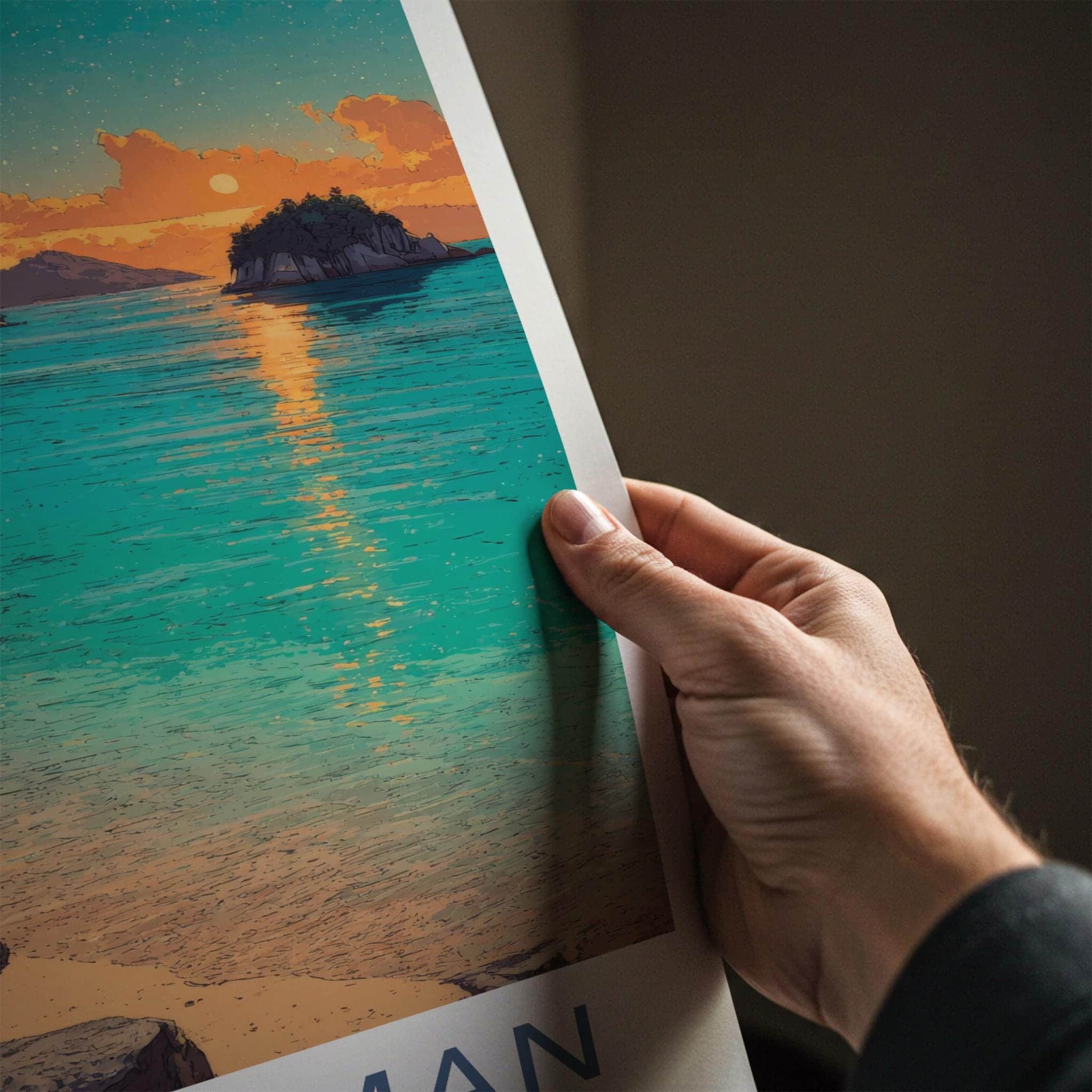 Abel Tasman Poster - New Zealand Travel Illustration - Sunset Bay Wall Decor
