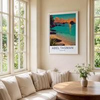 Abel Tasman Poster - New Zealand Travel Illustration - Sunset Bay Wall Decor