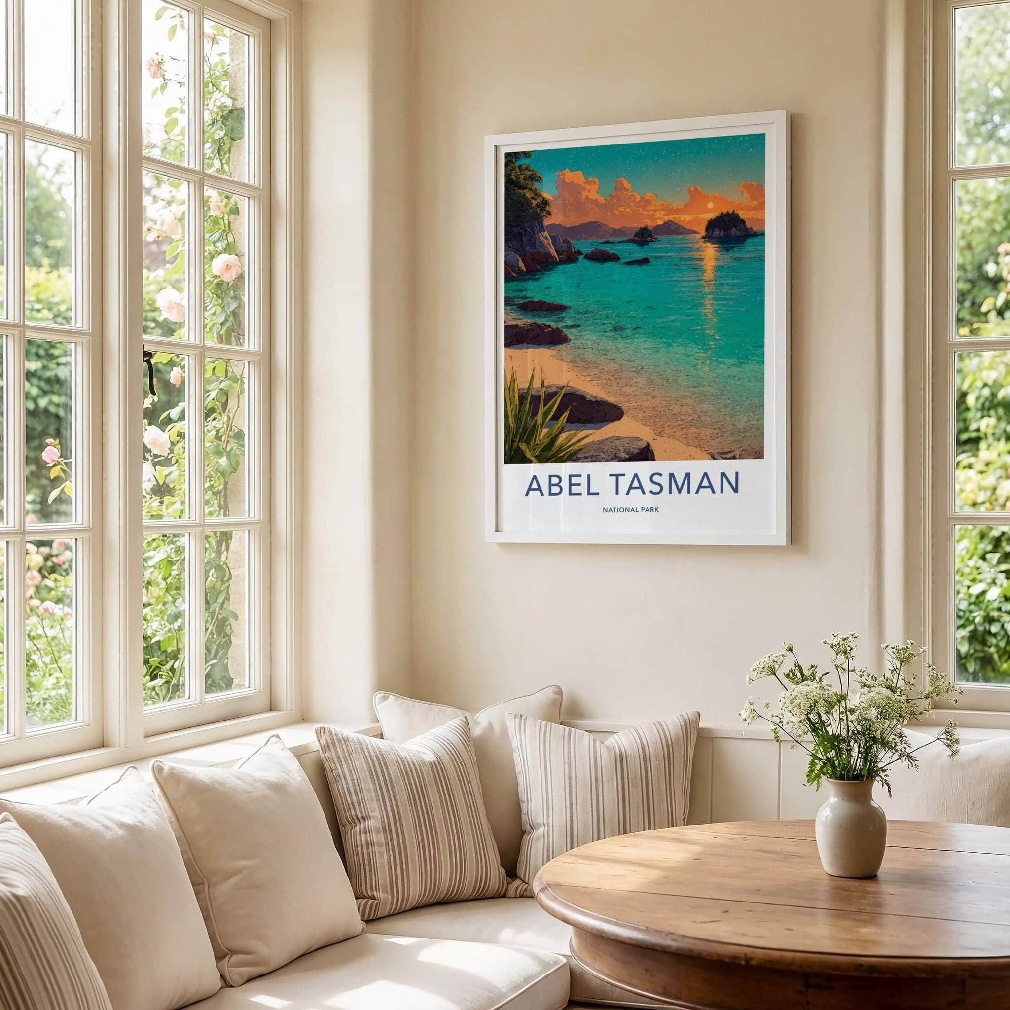 Abel Tasman Poster - New Zealand Travel Illustration - Sunset Bay Wall Decor