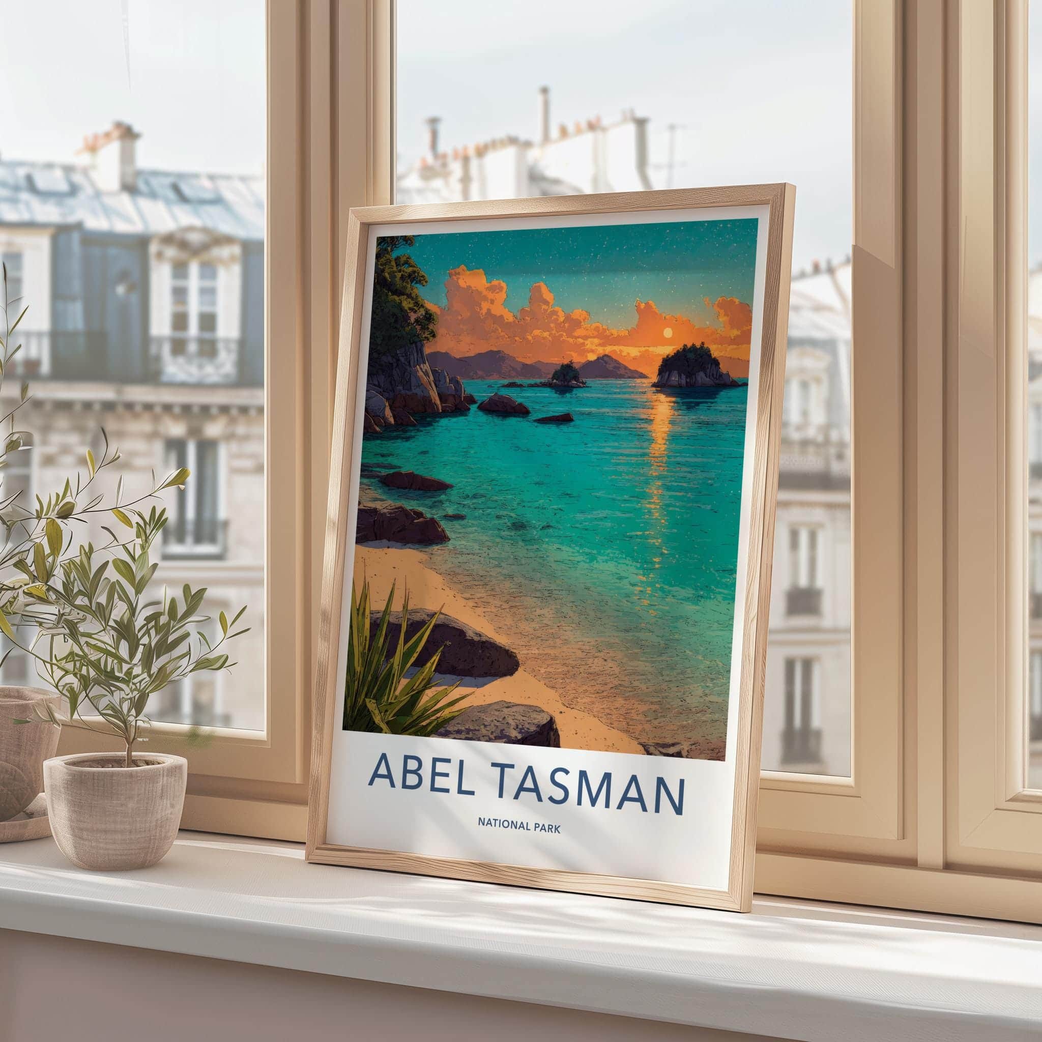 Abel Tasman Poster - New Zealand Travel Illustration - Sunset Bay Wall Decor