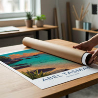 Abel Tasman Poster - New Zealand Travel Illustration - Sunset Bay Wall Decor