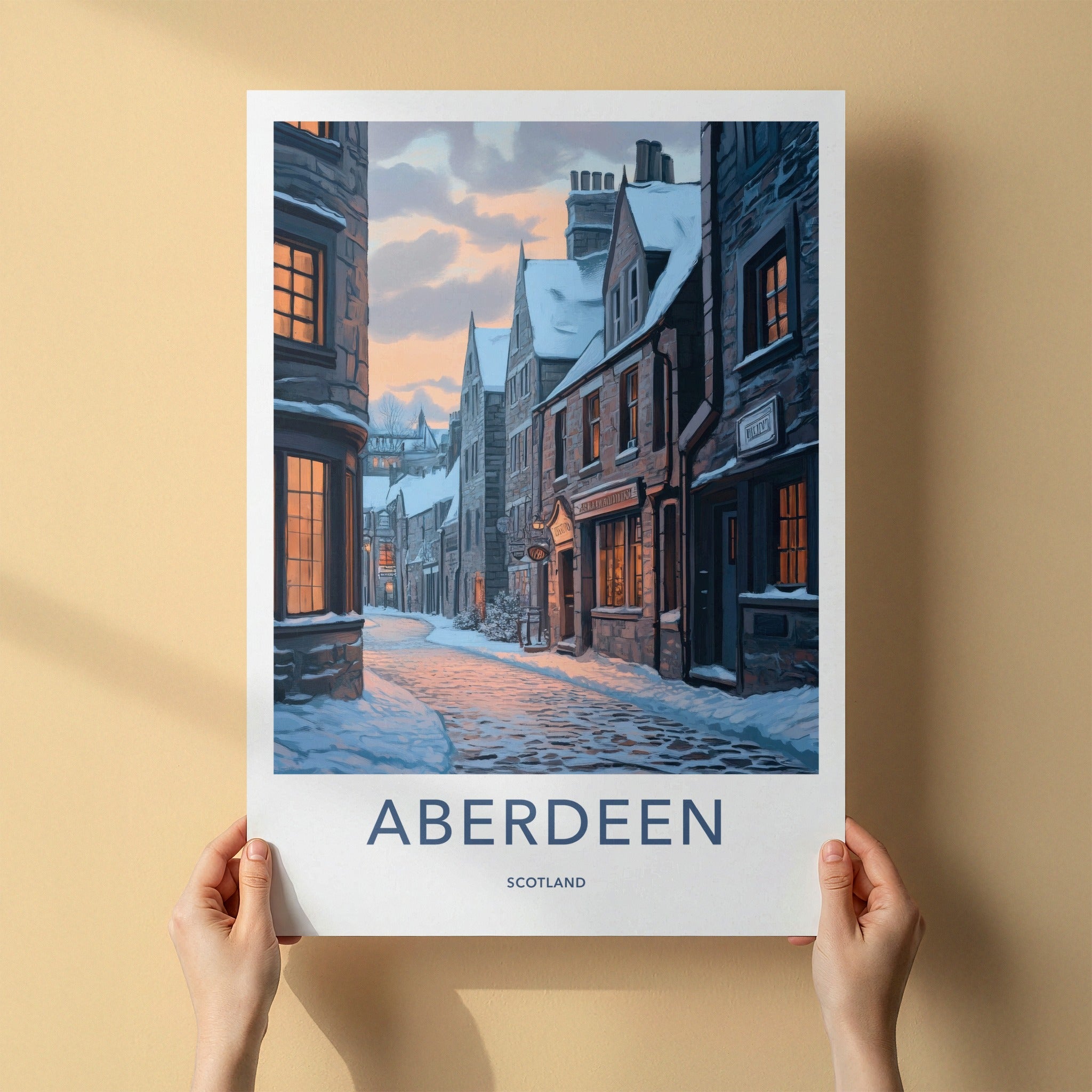 Aberdeen Poster - Scotland Travel Art - Snowy City Evening Home Decor