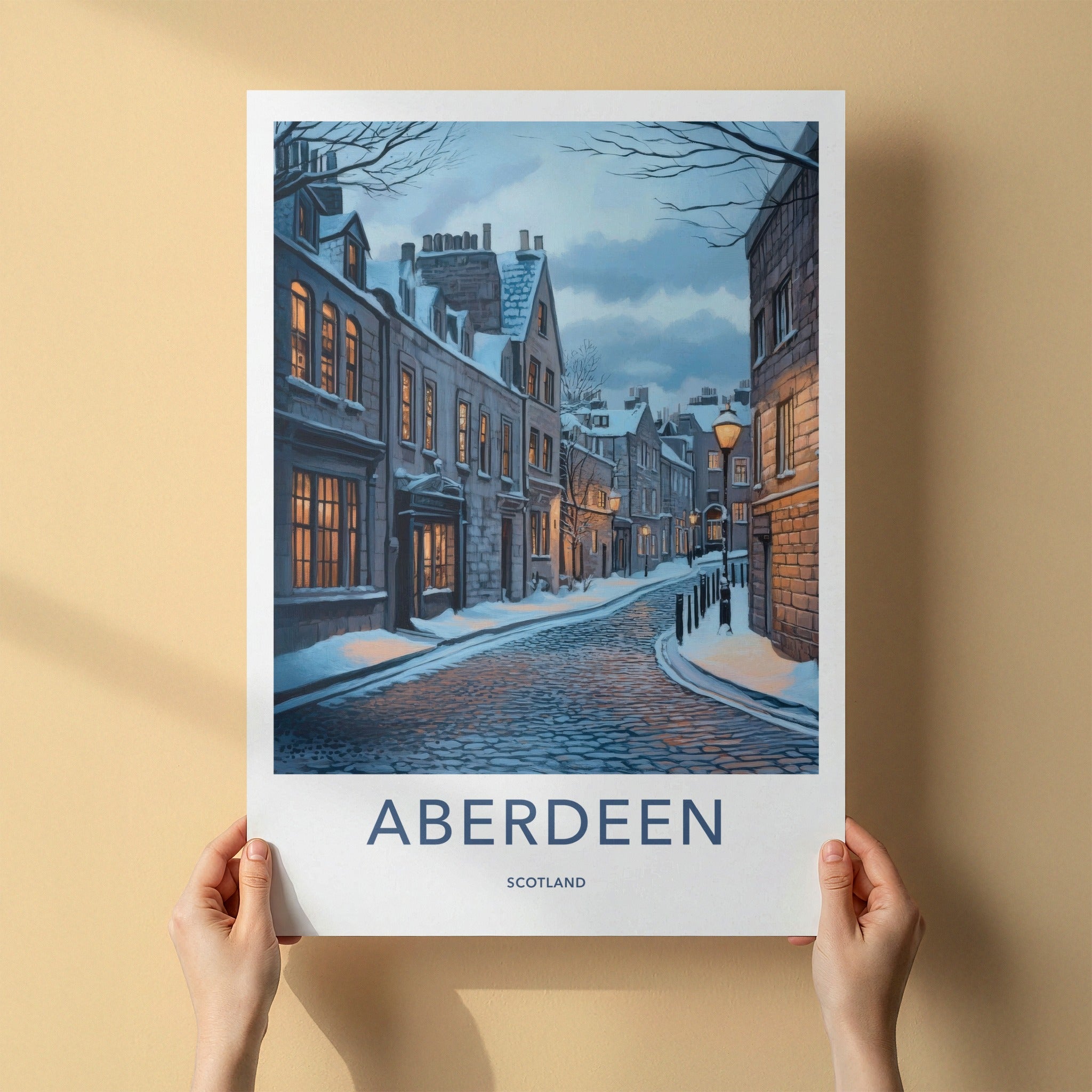 Aberdeen Poster - Scotland Wall Art - Snowy Cobblestone Street Home Decor