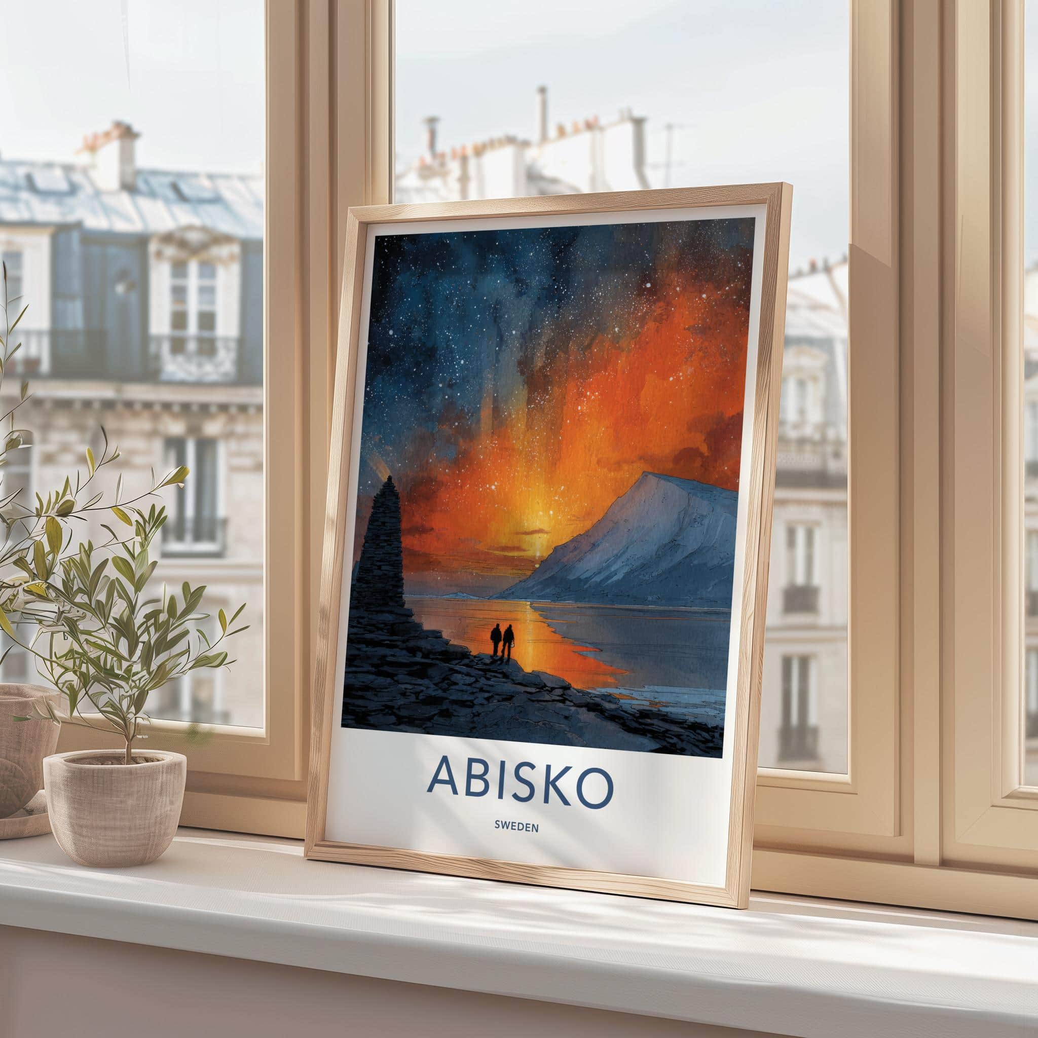 Abisko Poster - Sweden Travel Illustration - Fiery Sky Lake Wall Decor