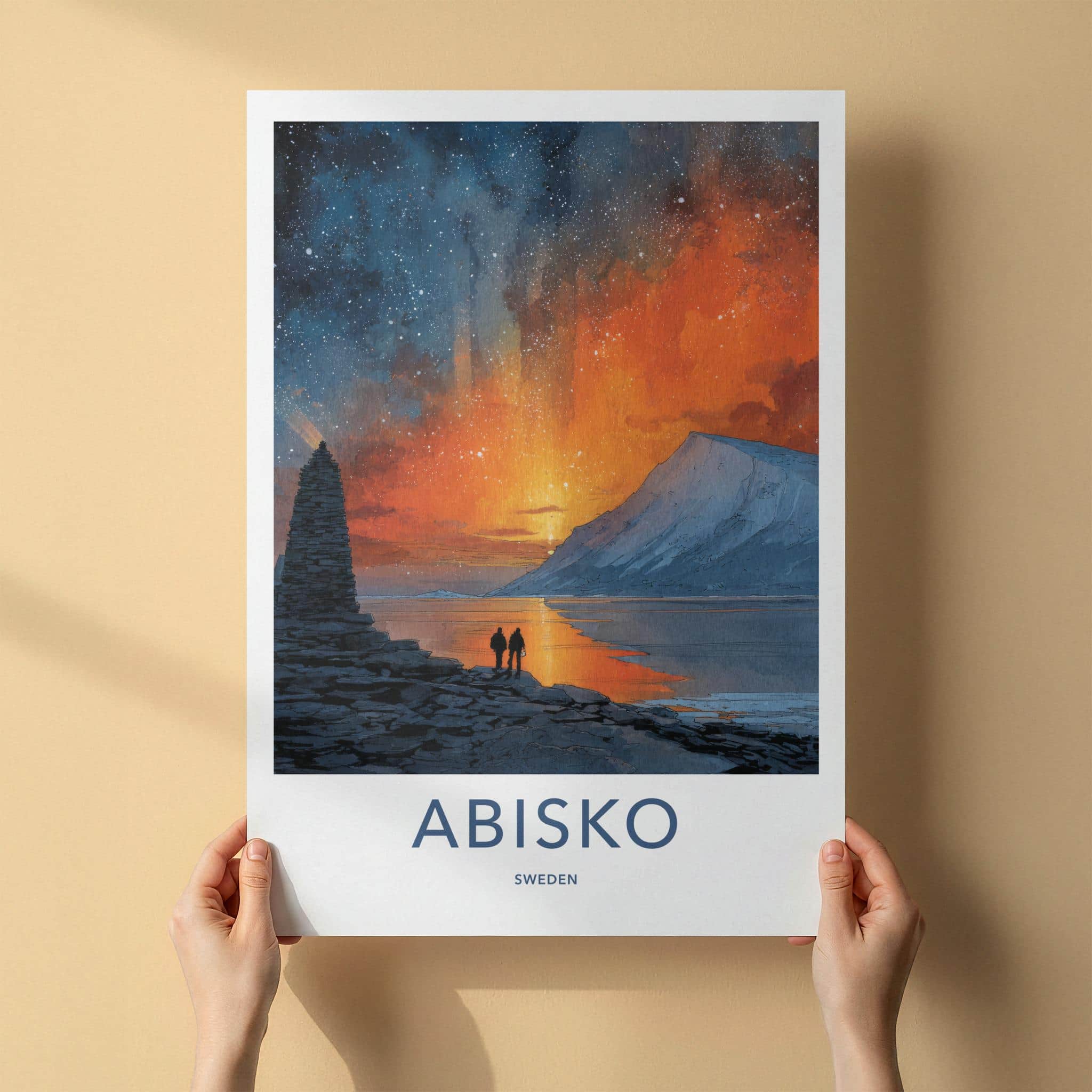 Abisko Poster - Sweden Travel Illustration - Fiery Sky Lake Wall Decor