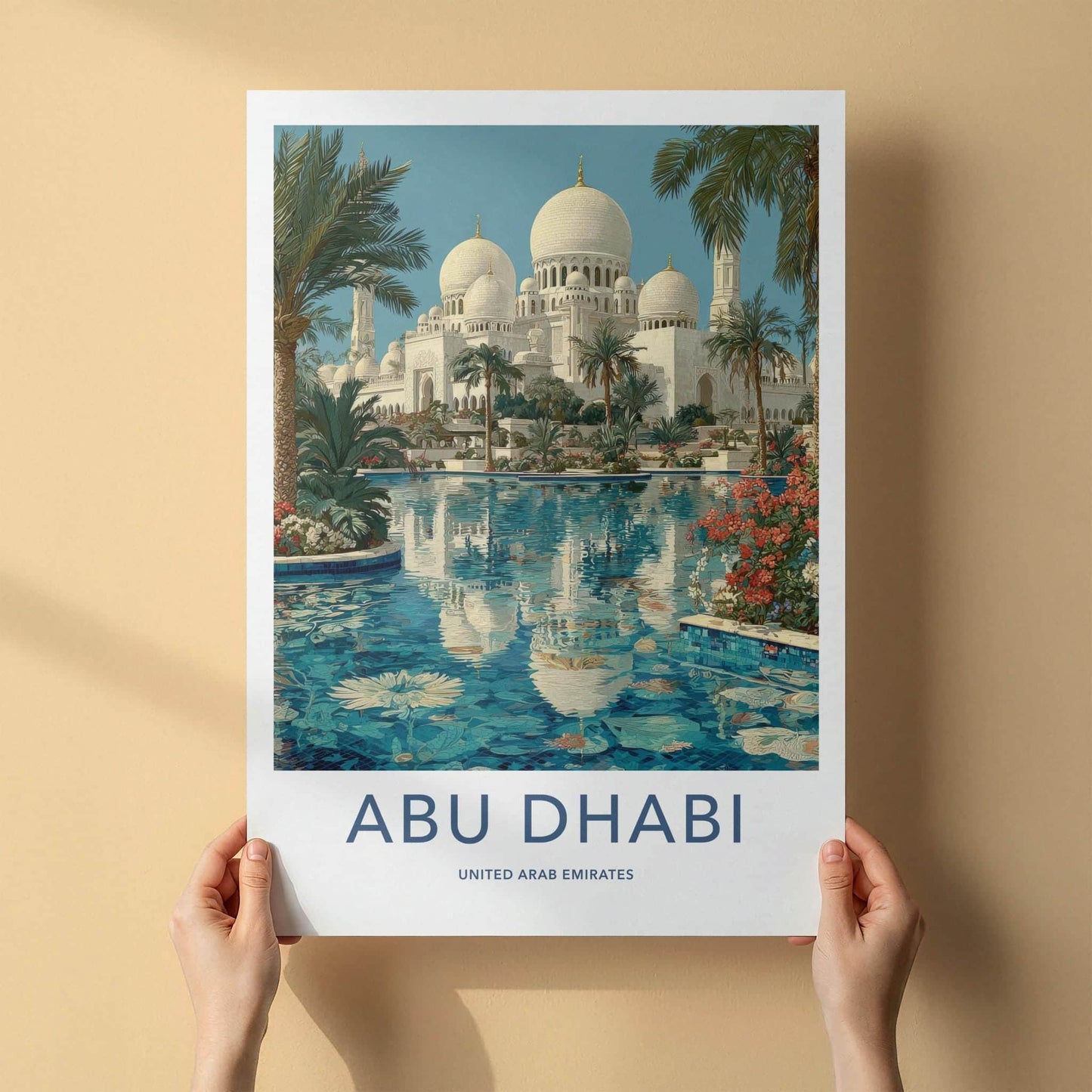 Abu Dhabi Poster - United Arab Emirates Travel Art - Mosque Reflection Wall Decor