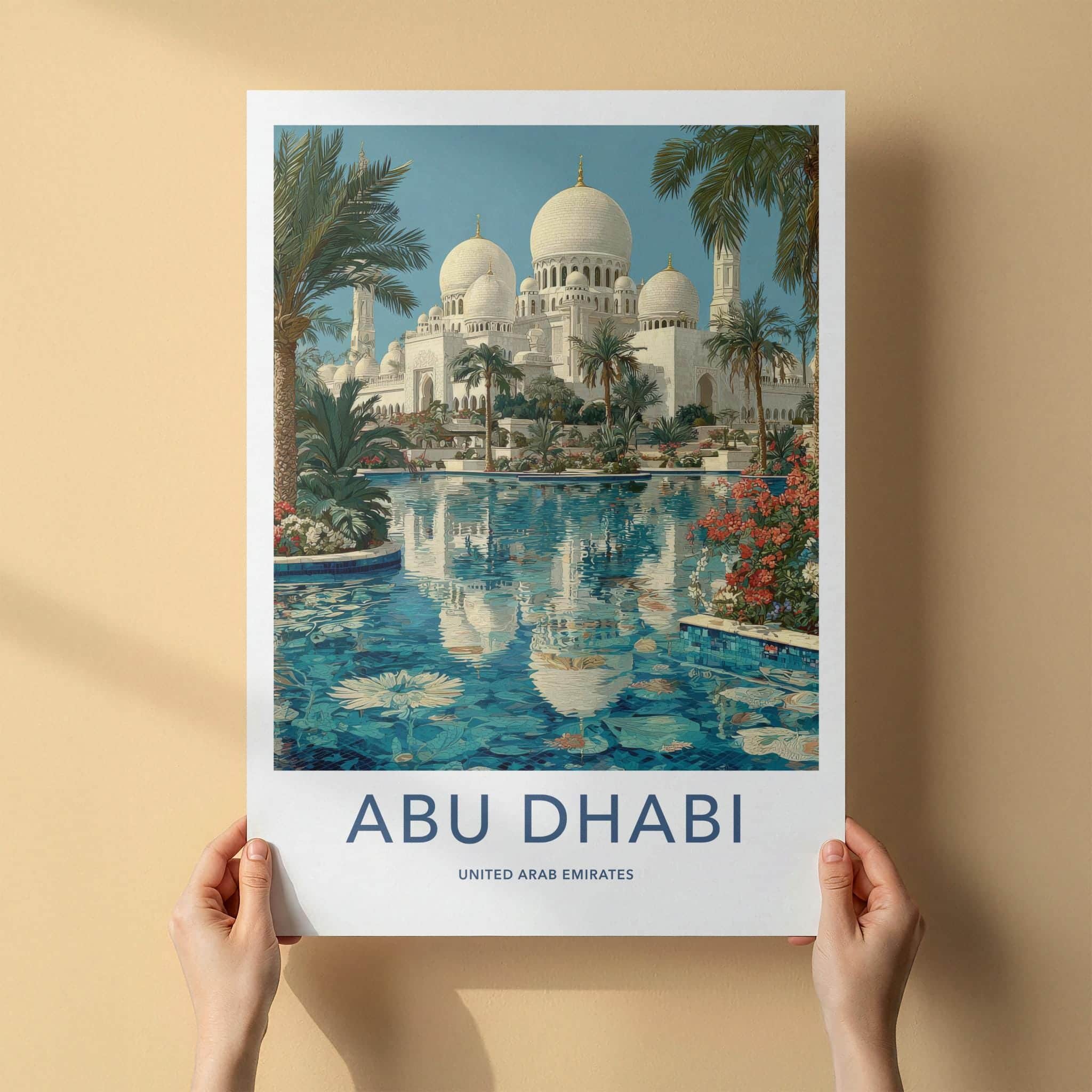 Abu Dhabi Poster - United Arab Emirates Travel Art - Mosque Reflection Wall Decor