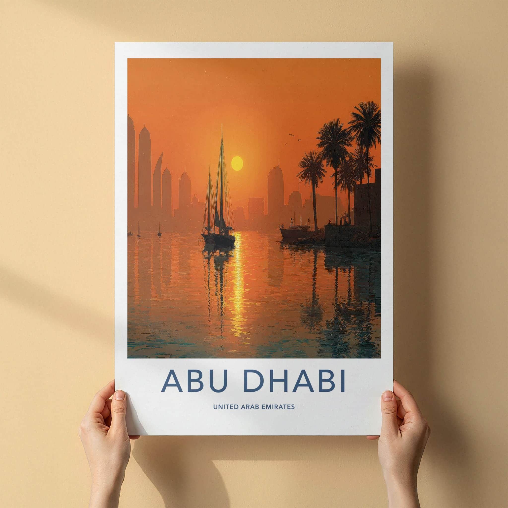 Abu Dhabi Poster - United Arab Emirates Travel Art - Orange Sunset City Decor
