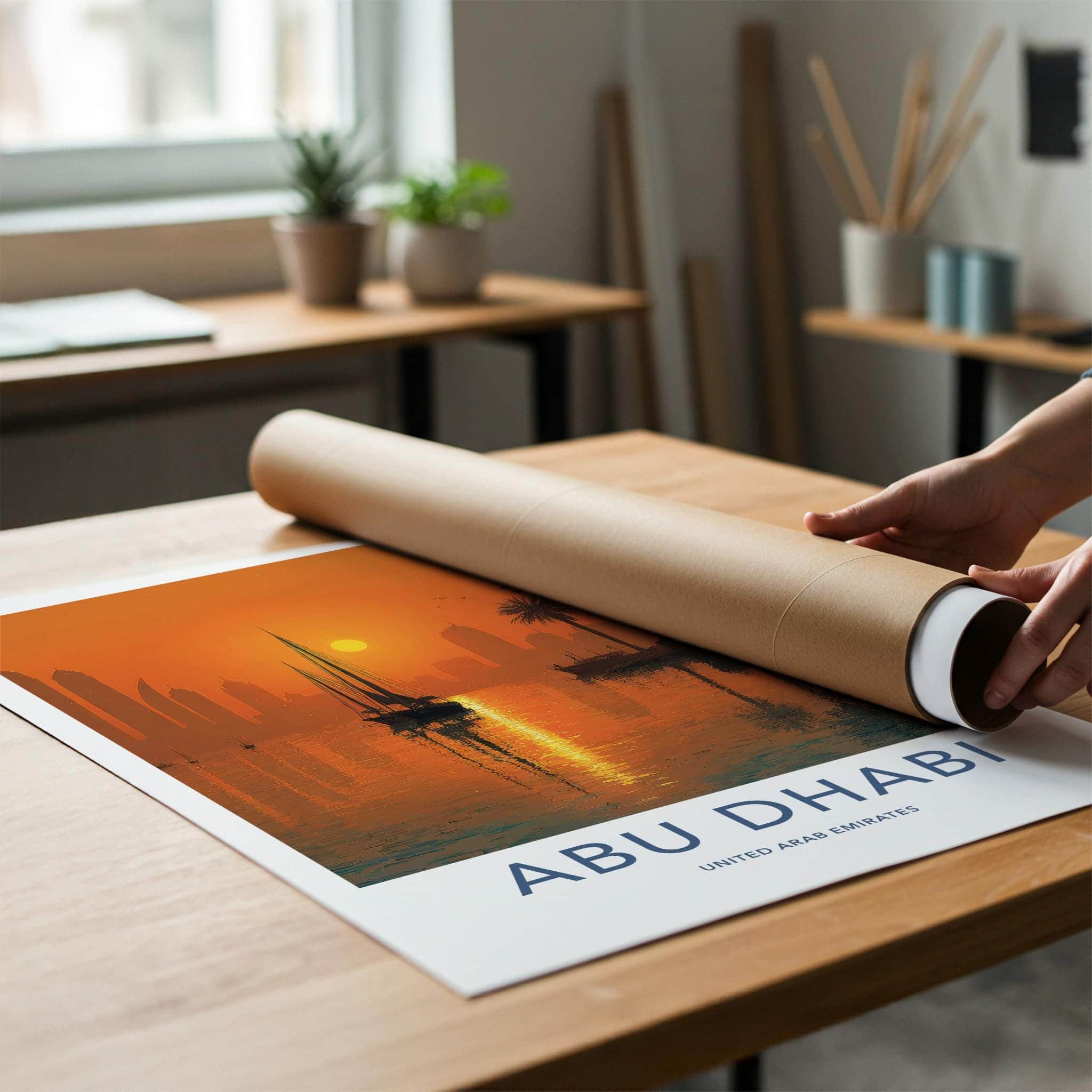 Abu Dhabi Poster - United Arab Emirates Travel Art - Orange Sunset City Decor