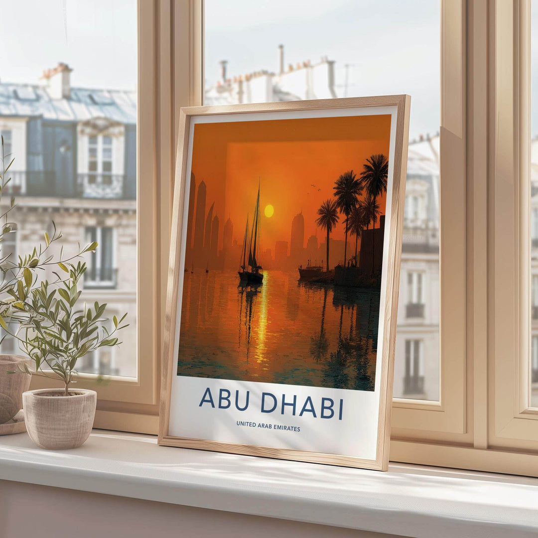 Abu Dhabi Poster - United Arab Emirates Travel Art - Orange Sunset City Decor