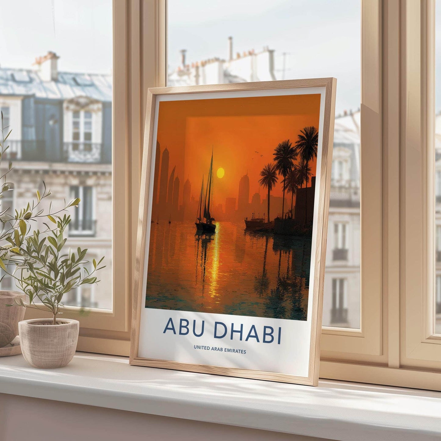 Abu Dhabi Poster - United Arab Emirates Travel Art - Orange Sunset City Decor