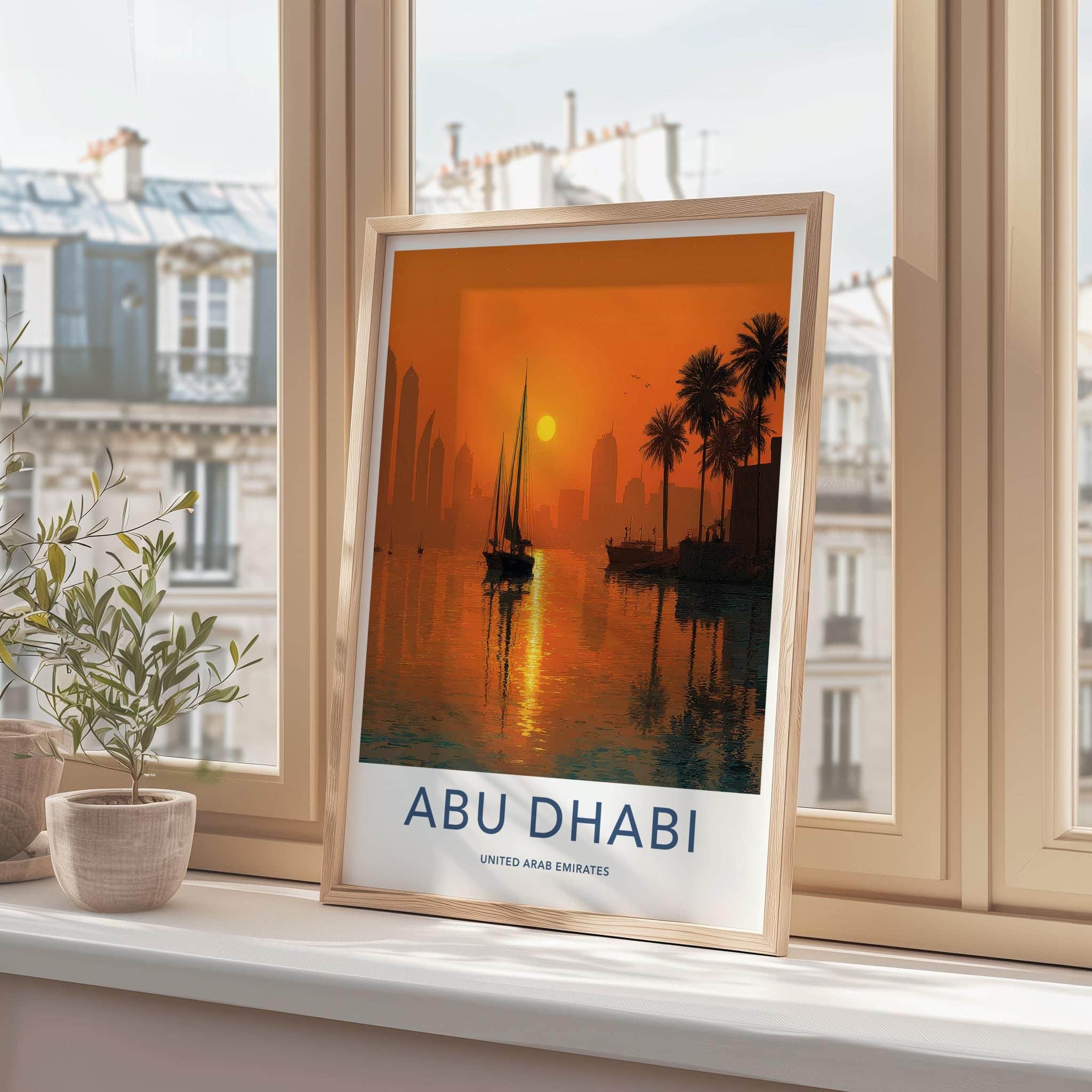 Abu Dhabi Poster - United Arab Emirates Travel Art - Orange Sunset City Decor