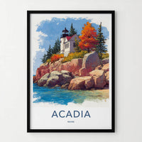 Acadia Poster - Maine Travel Art - Autumn Lighthouse Cliff Home Decor