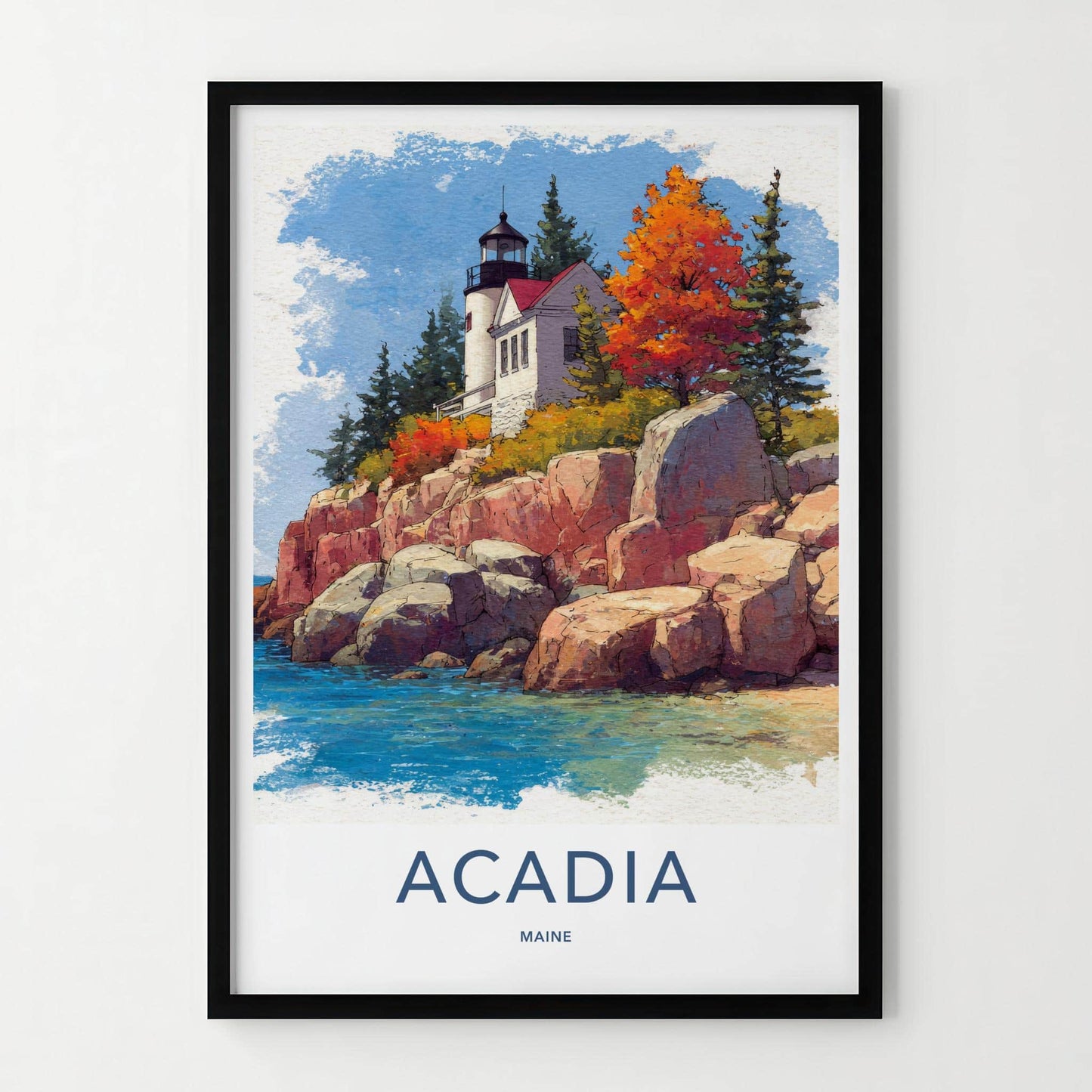 Acadia Poster - Maine Travel Art - Autumn Lighthouse Cliff Home Decor