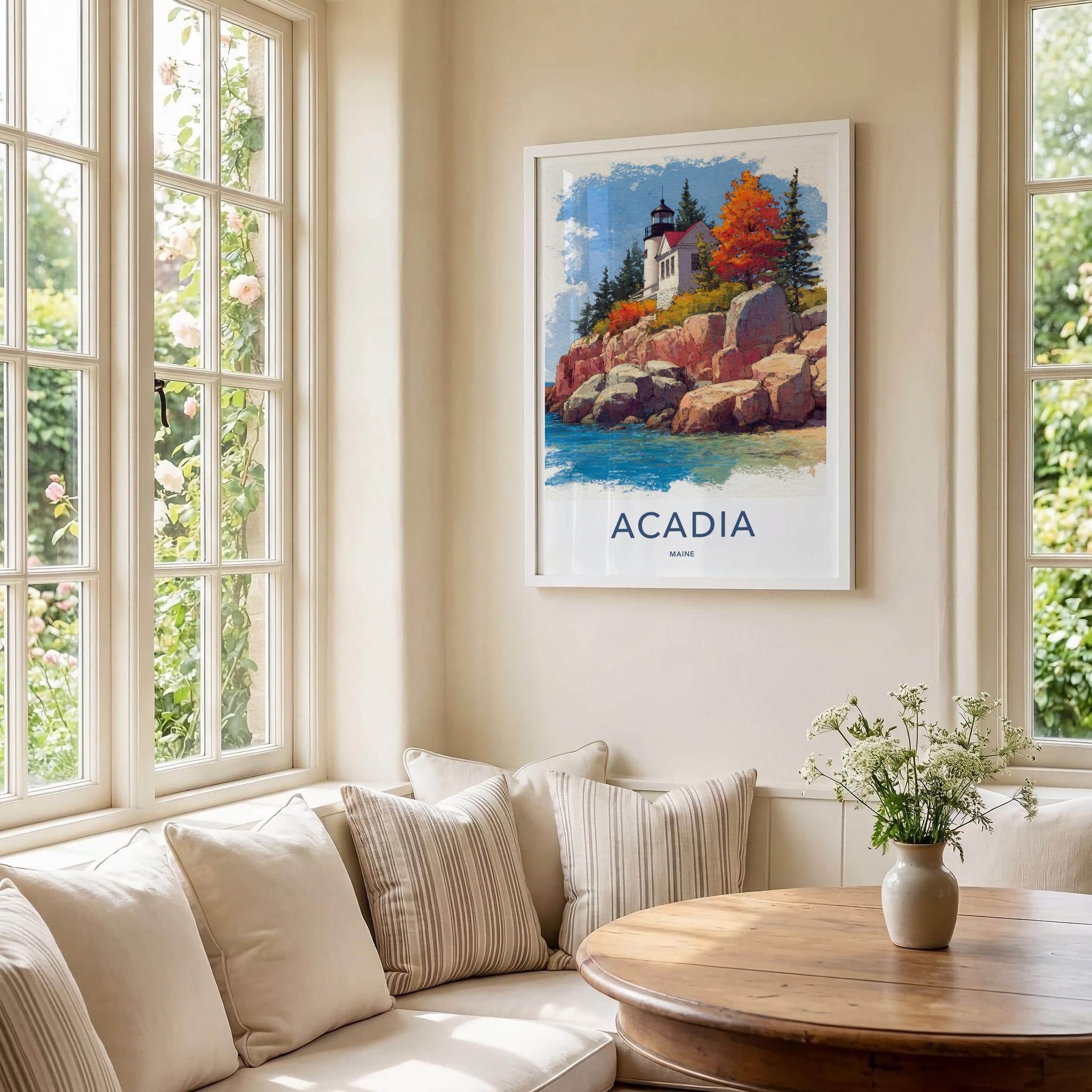 Acadia Poster - Maine Travel Art - Autumn Lighthouse Cliff Home Decor