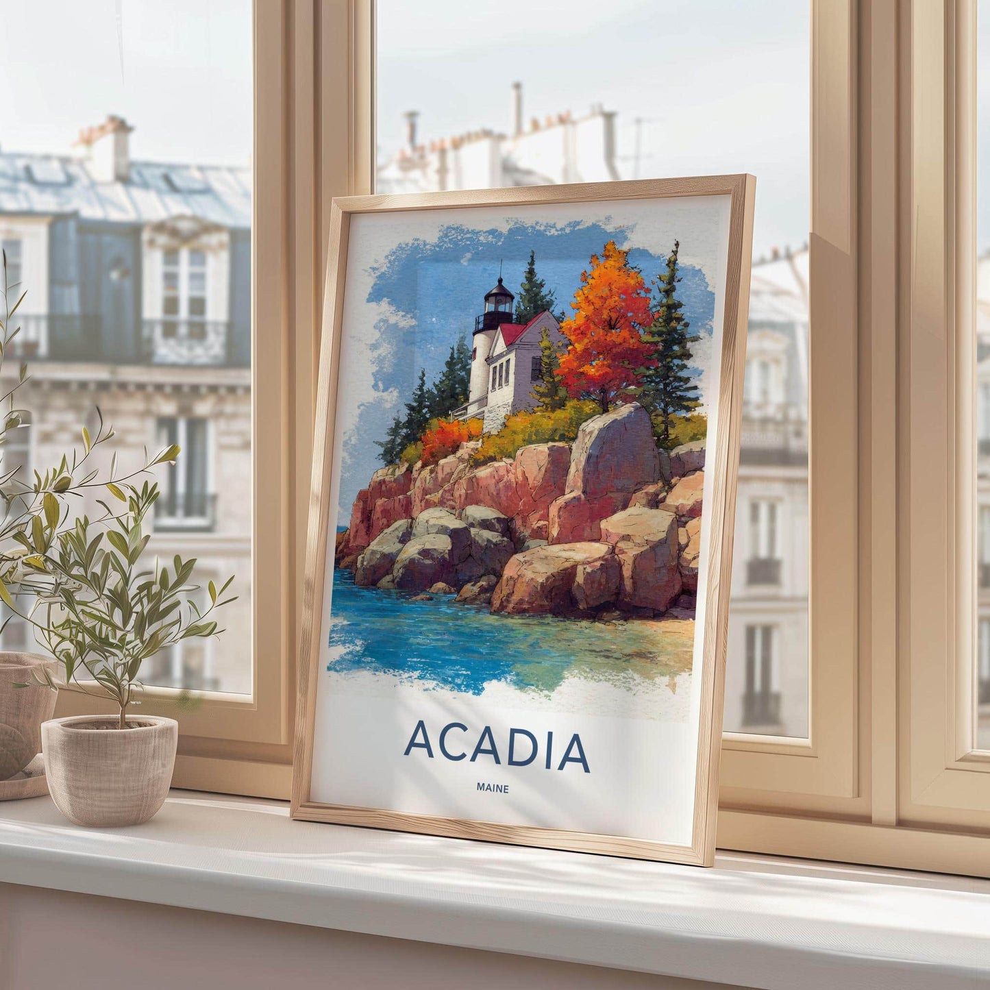 Acadia Poster - Maine Travel Art - Autumn Lighthouse Cliff Home Decor