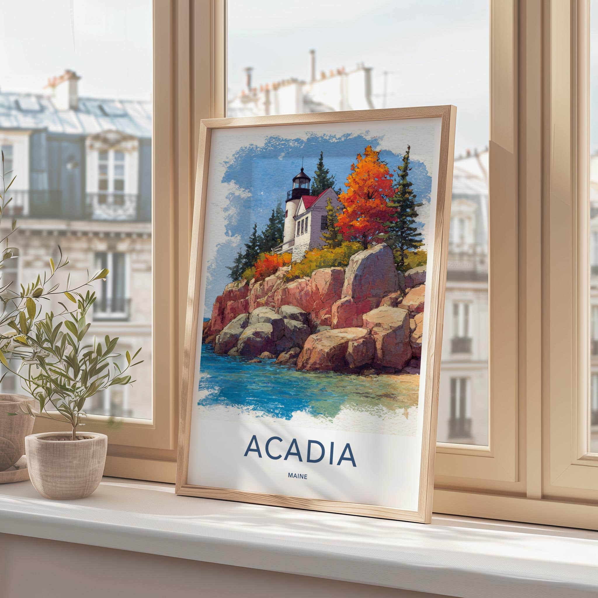 Acadia Poster - Maine Travel Art - Autumn Lighthouse Cliff Home Decor