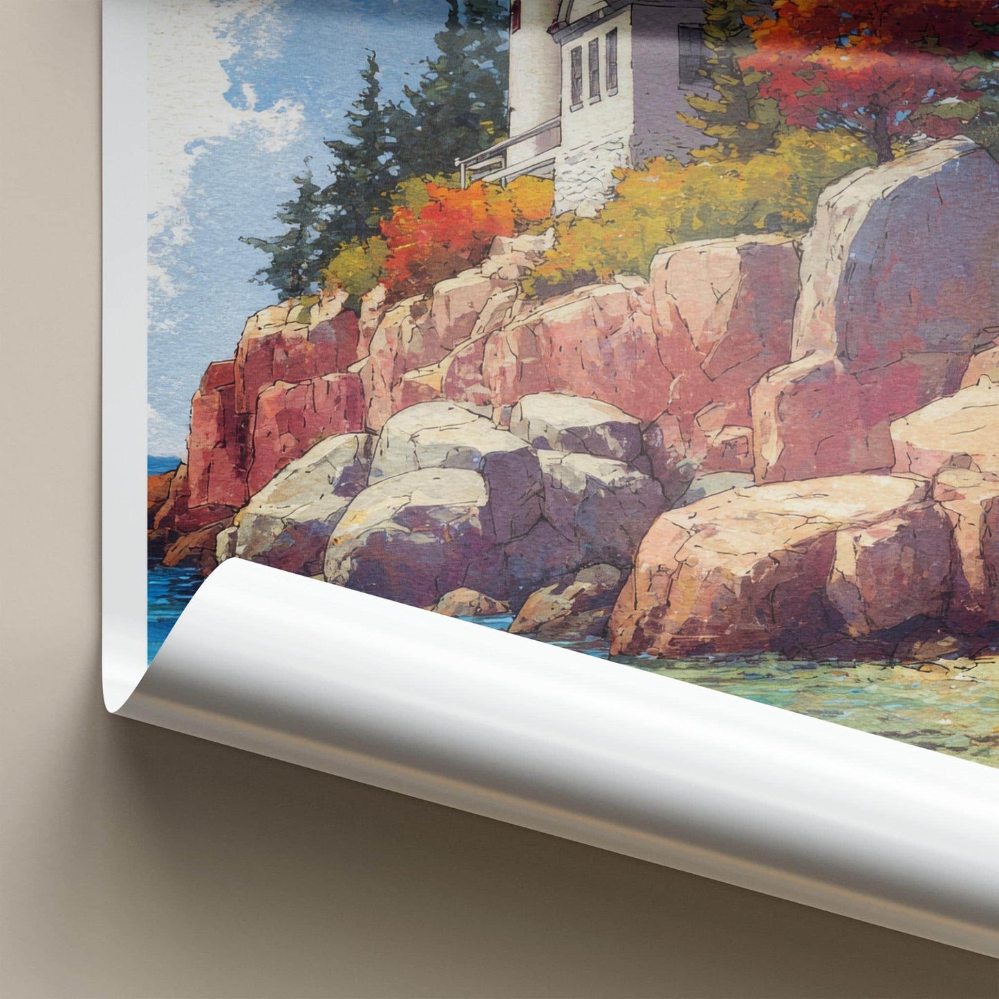 Acadia Poster - Maine Travel Art - Autumn Lighthouse Cliff Home Decor