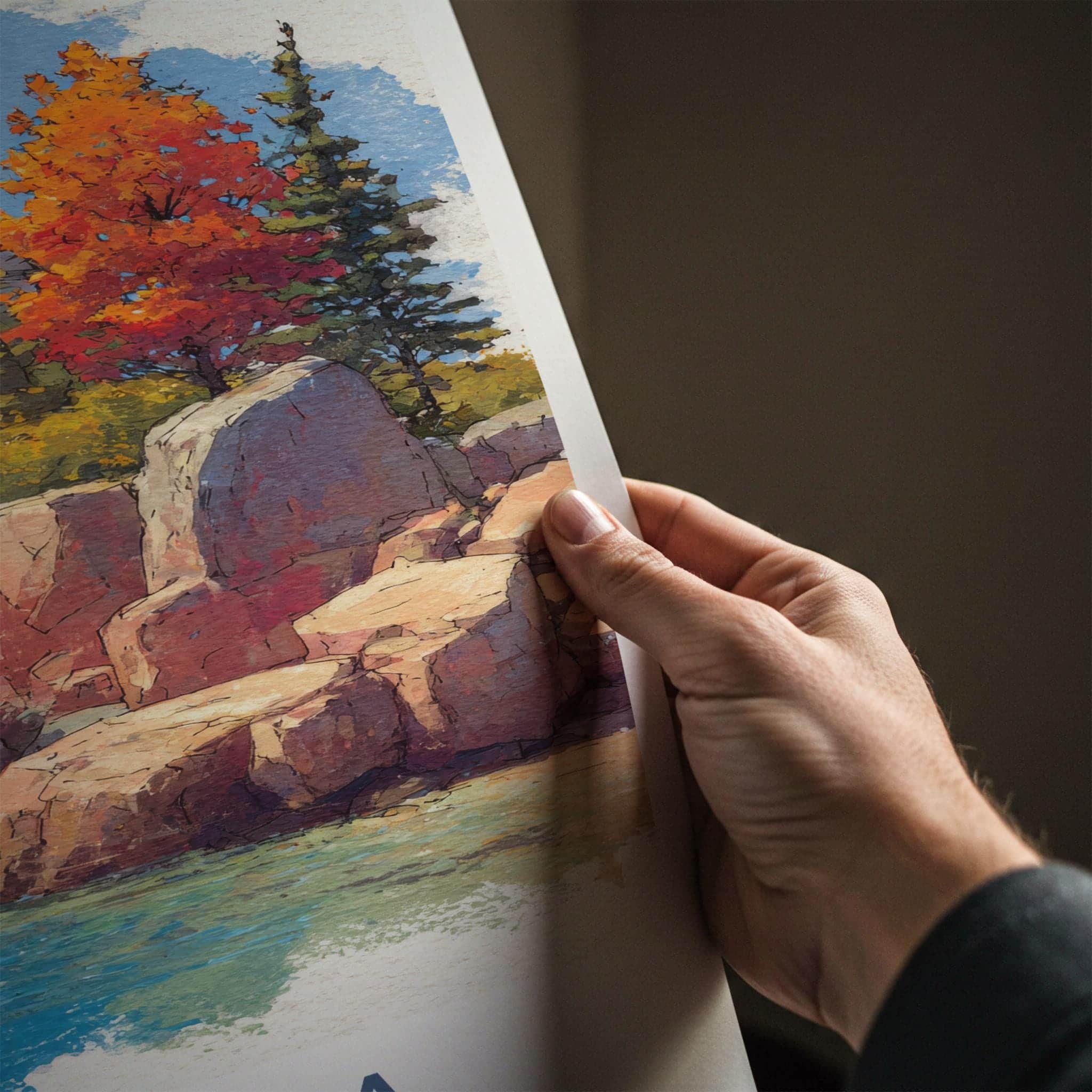 Acadia Poster - Maine Travel Art - Autumn Lighthouse Cliff Home Decor