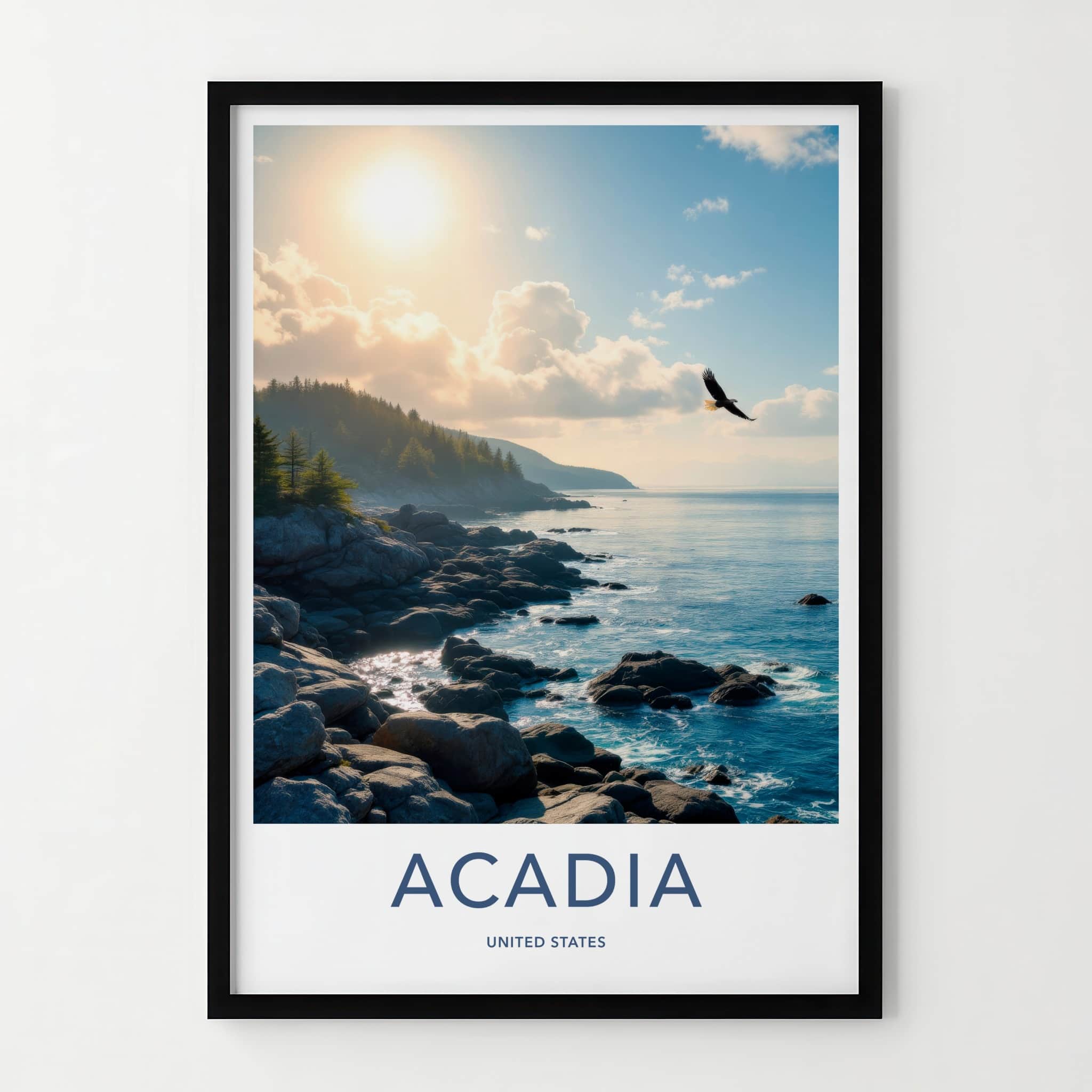 Acadia Poster - Maine Travel Art - Coastal Eagle Flight Home Decor