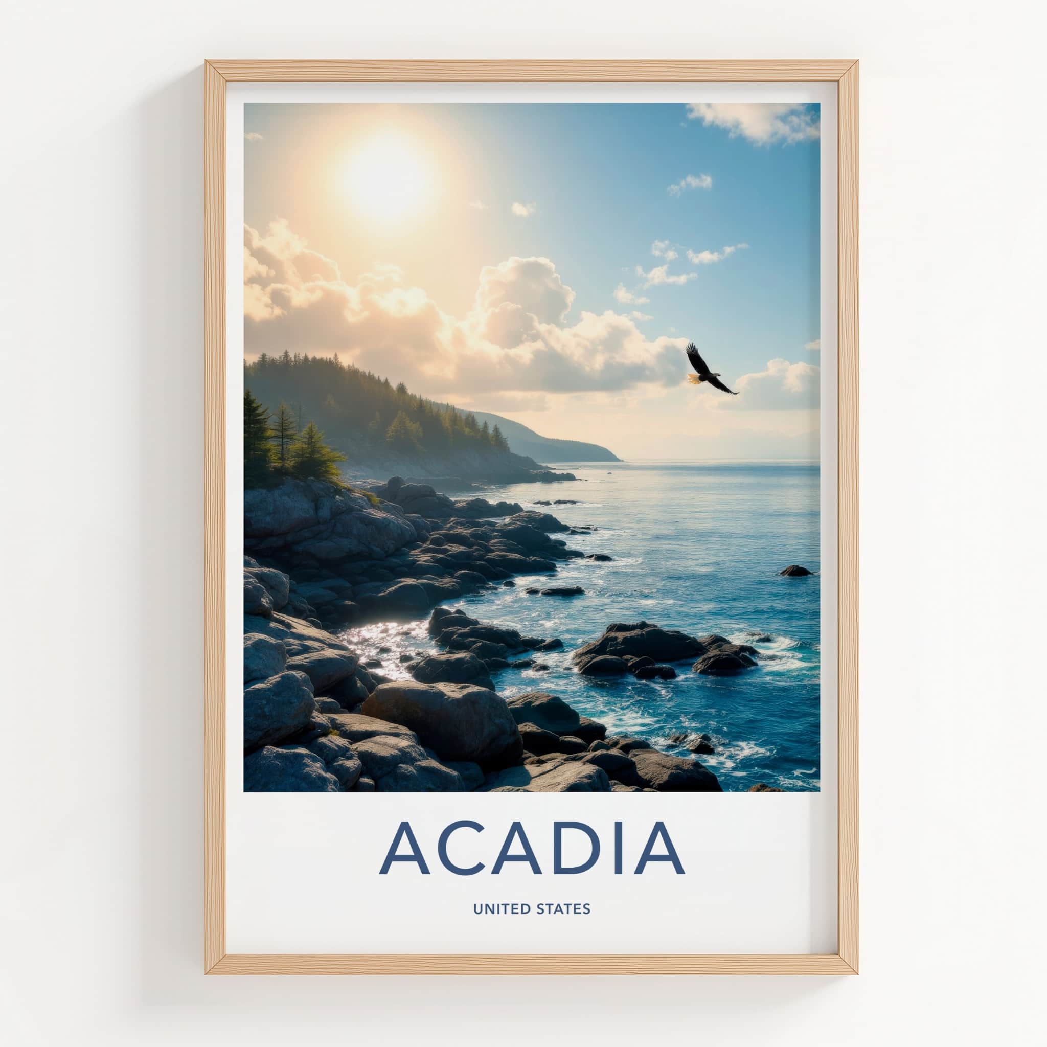 Acadia Poster - Maine Travel Art - Coastal Eagle Flight Home Decor