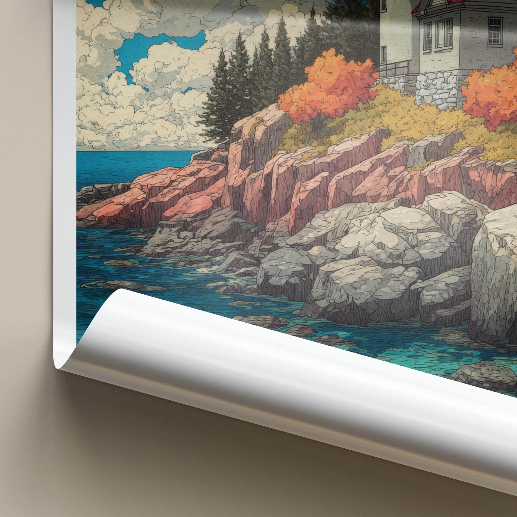 Acadia Poster - Maine Travel Illustration - Autumn Coast Lighthouse Wall Decor