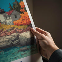 Acadia Poster - Maine Travel Illustration - Autumn Coast Lighthouse Wall Decor