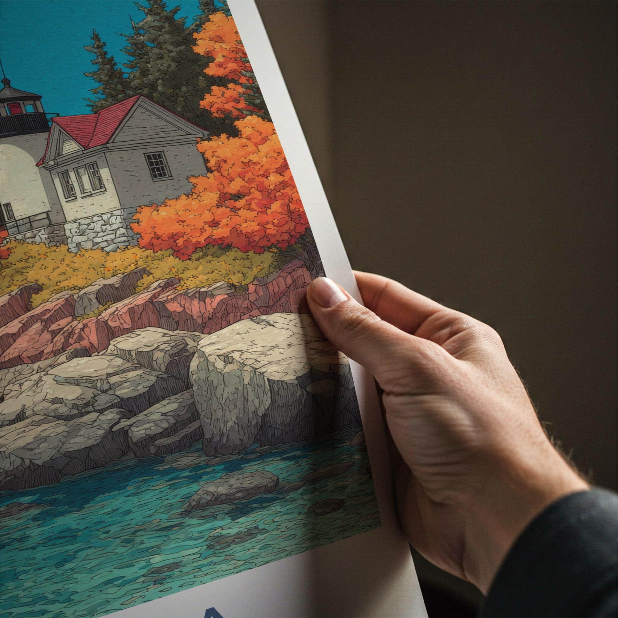 Acadia Poster - Maine Travel Illustration - Autumn Coast Lighthouse Wall Decor