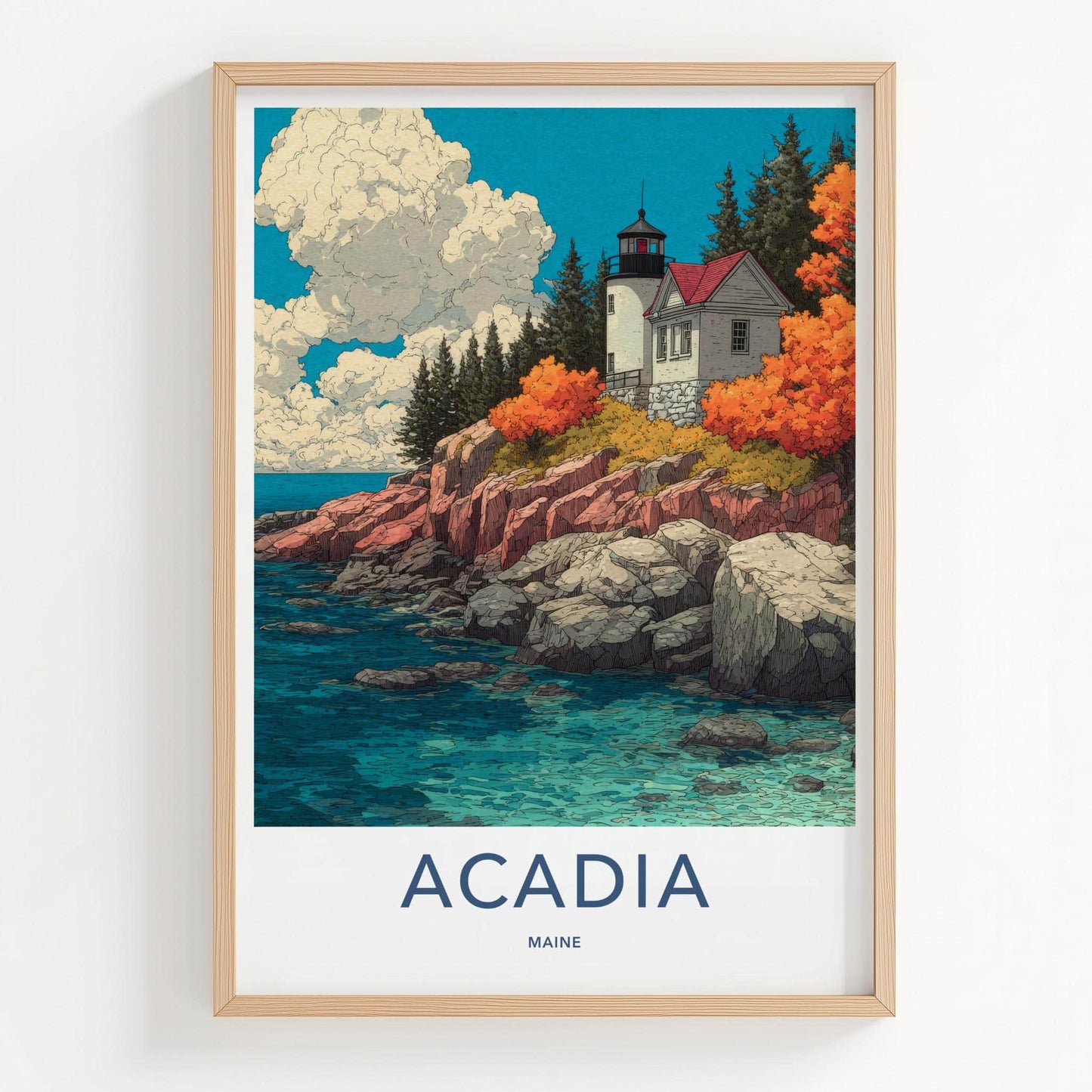 Acadia Poster - Maine Travel Illustration - Autumn Coast Lighthouse Wall Decor