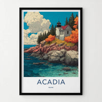 Acadia Poster - Maine Travel Illustration - Autumn Coast Lighthouse Wall Decor