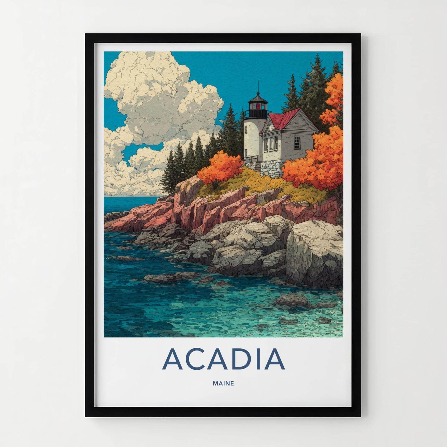 Acadia Poster - Maine Travel Illustration - Autumn Coast Lighthouse Wall Decor