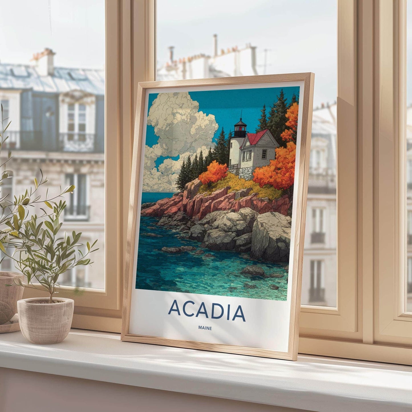 Acadia Poster - Maine Travel Illustration - Autumn Coast Lighthouse Wall Decor