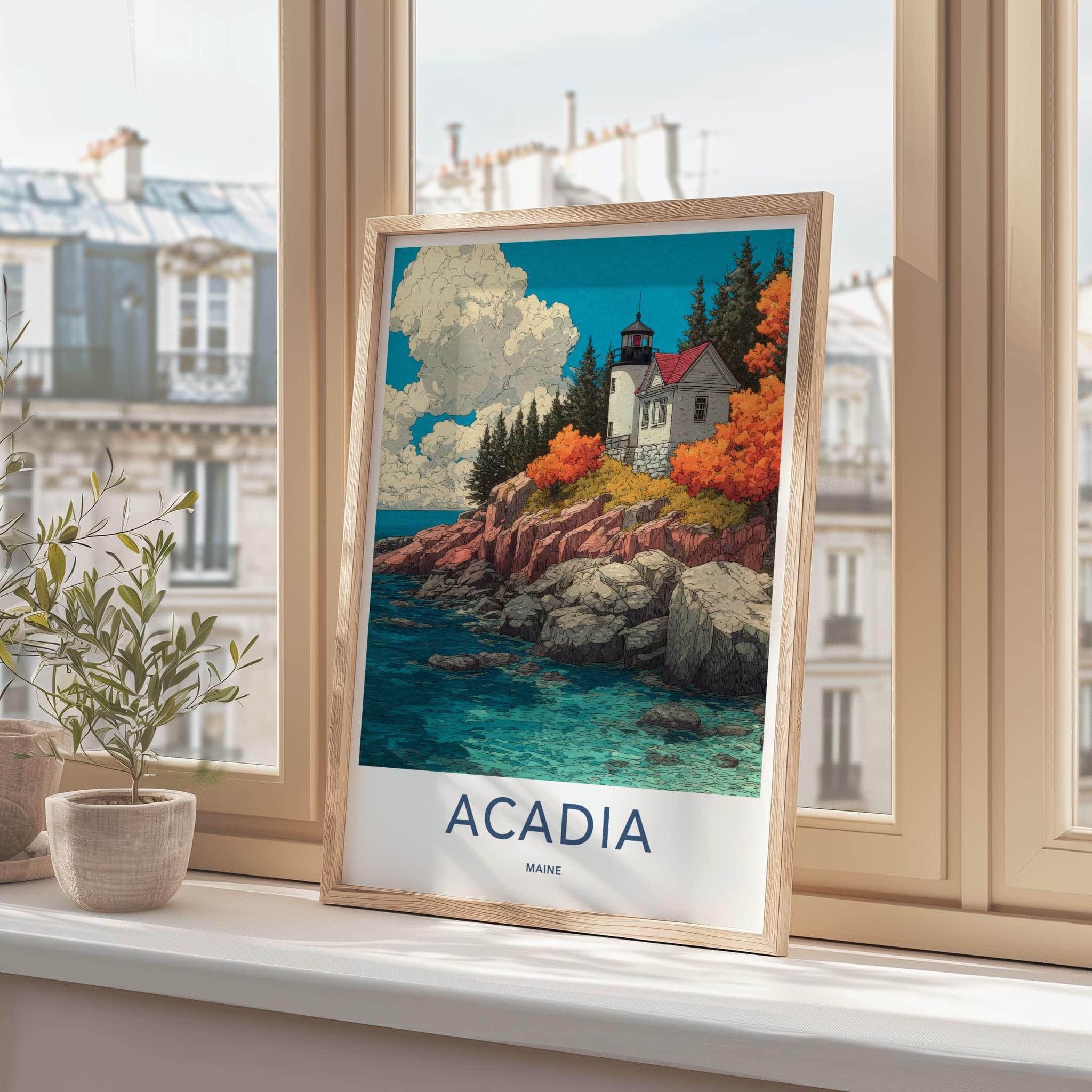Acadia Poster - Maine Travel Illustration - Autumn Coast Lighthouse Wall Decor