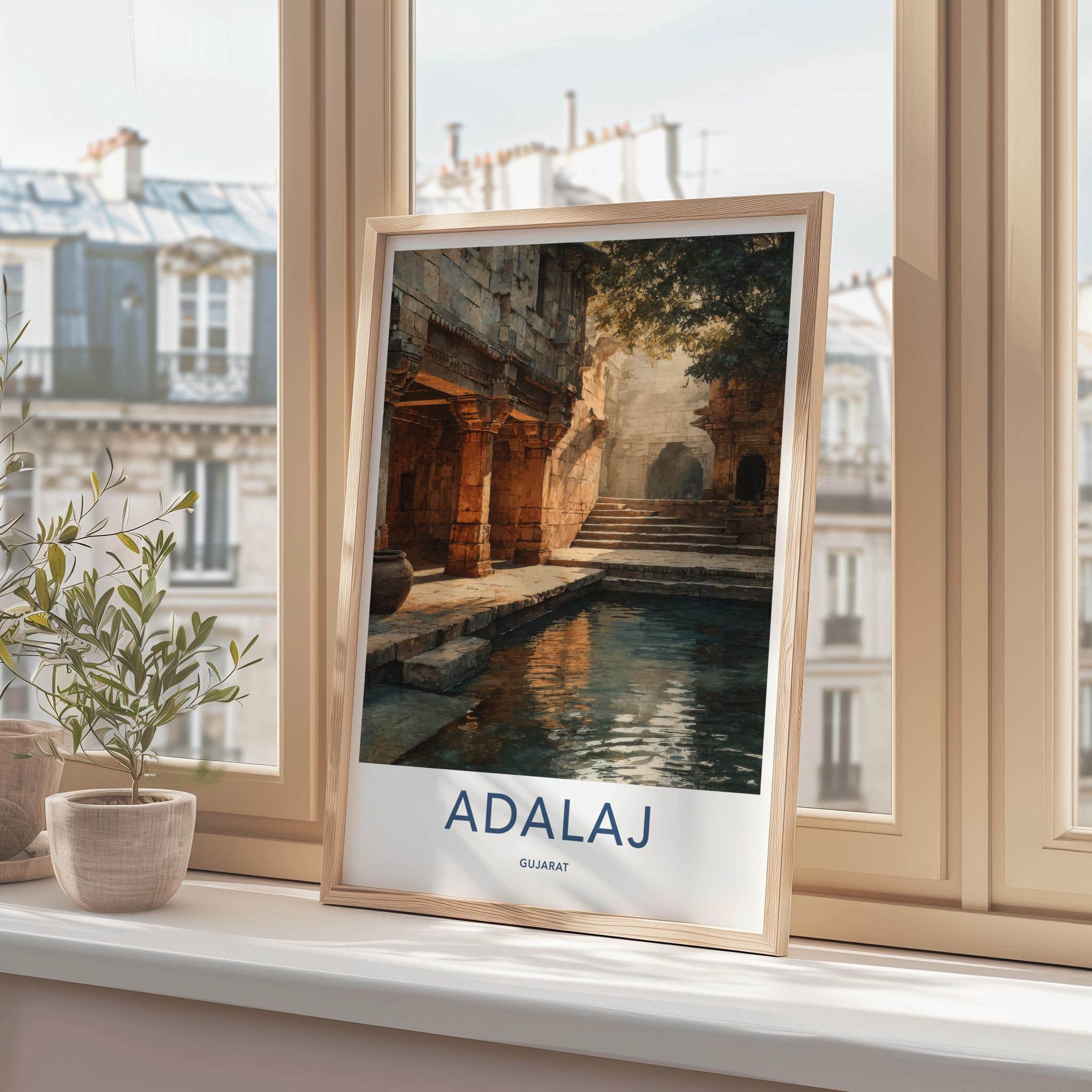 Adalaj Poster - India Travel Art - Sunlit Stepwell Waters Wall Decor