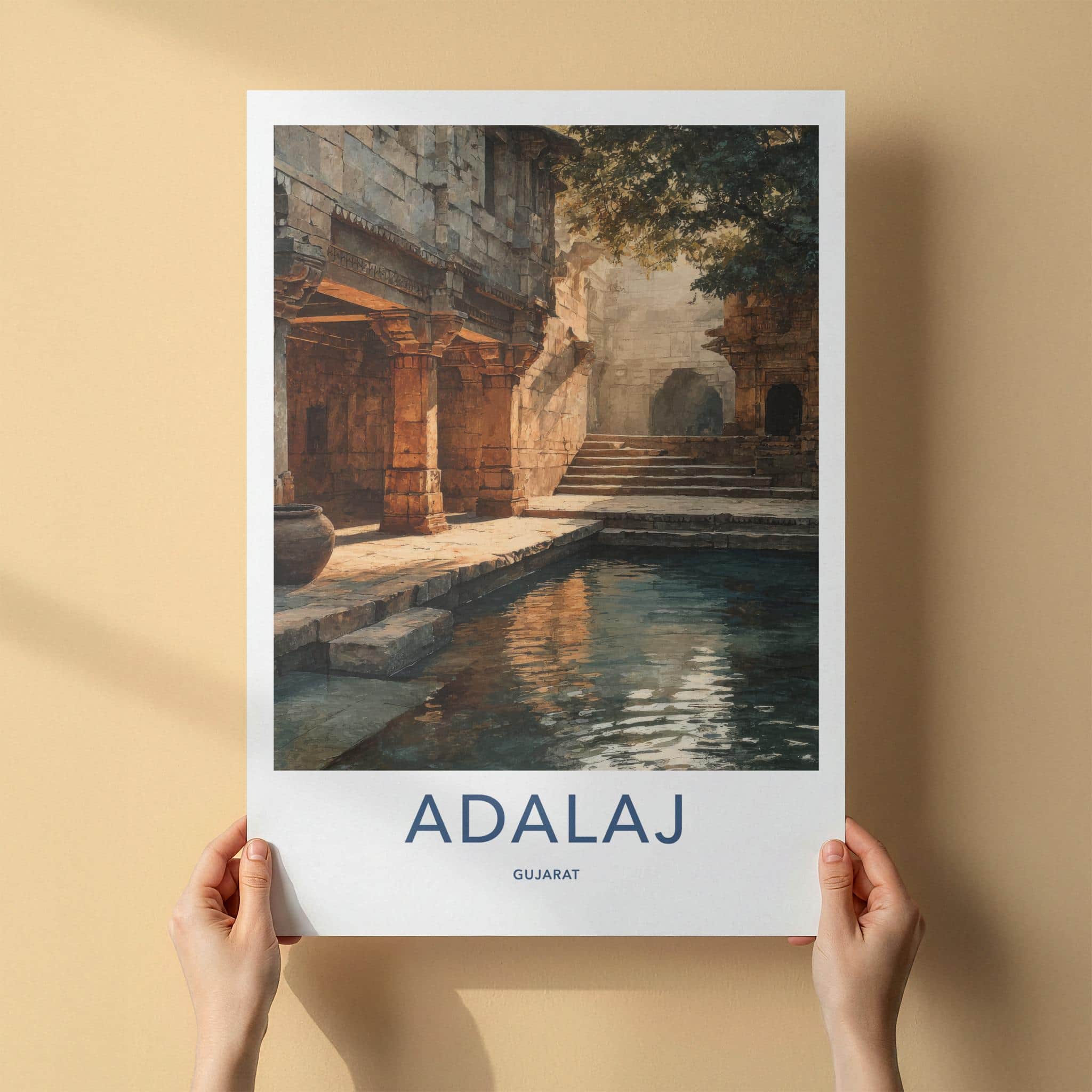 Adalaj Poster - India Travel Art - Sunlit Stepwell Waters Wall Decor