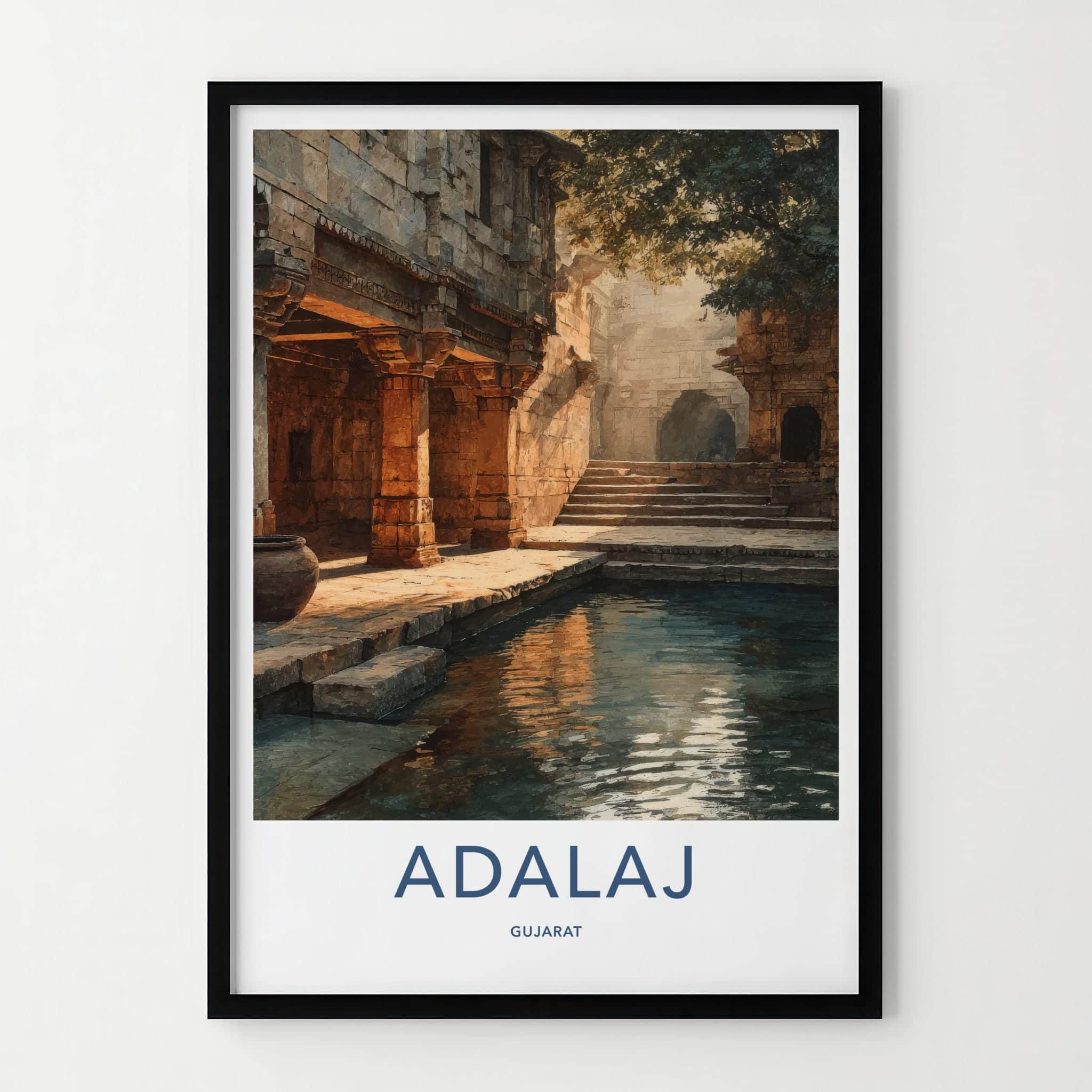 Adalaj Poster - India Travel Art - Sunlit Stepwell Waters Wall Decor