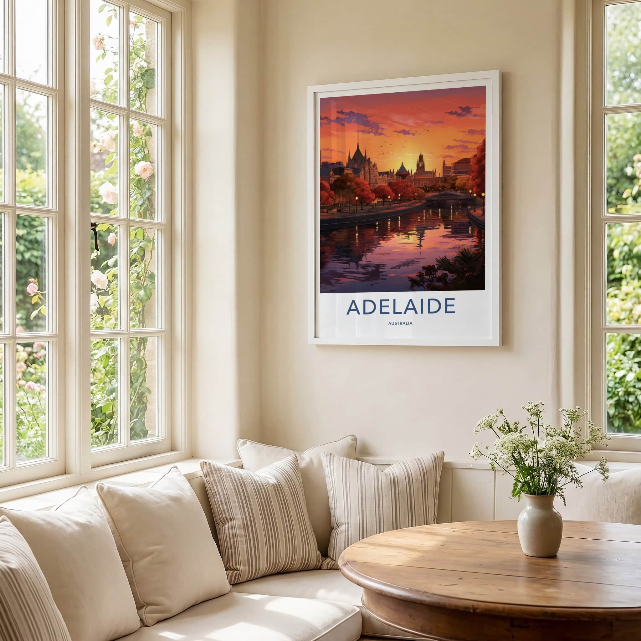 Adelaide Poster - Australia Travel Print - Riverfront City Sunset Wall Decor