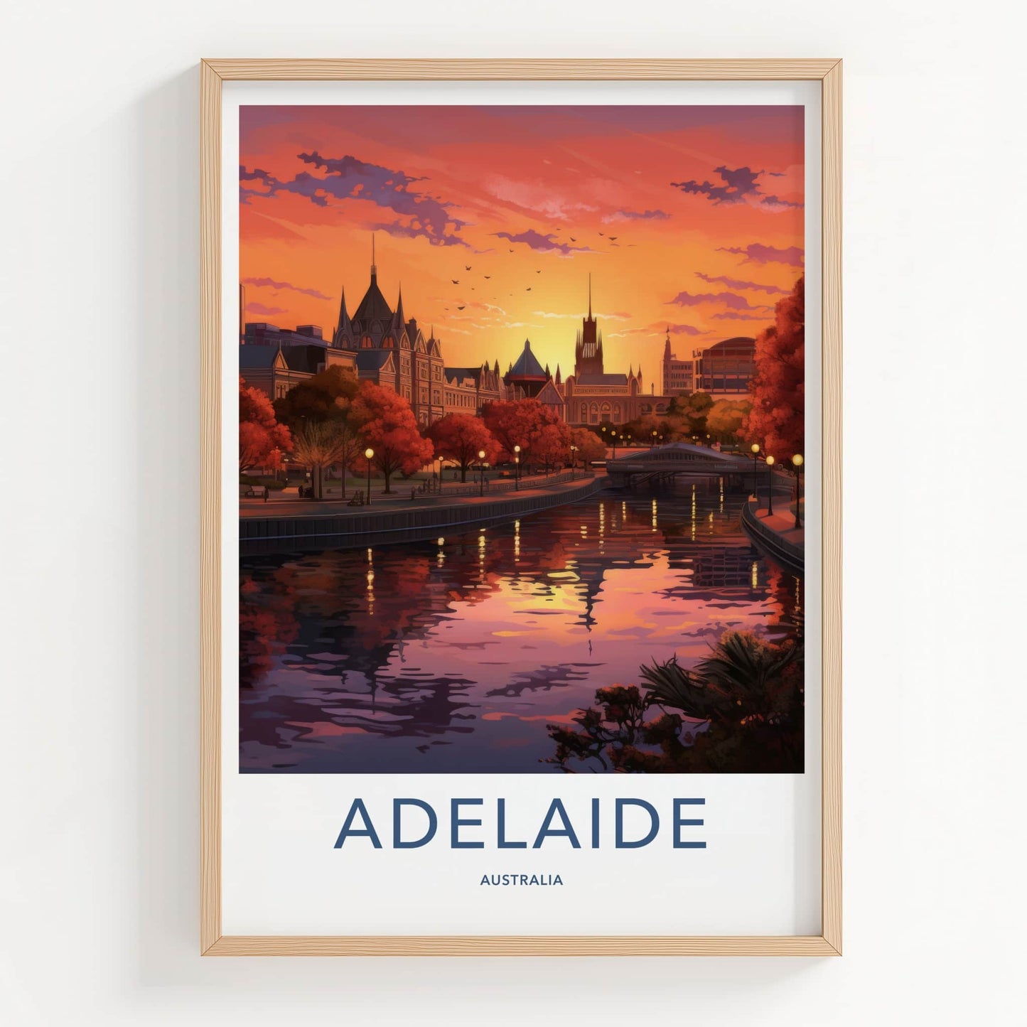 Adelaide Poster - Australia Travel Print - Riverfront City Sunset Wall Decor