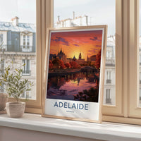 Adelaide Poster - Australia Travel Print - Riverfront City Sunset Wall Decor