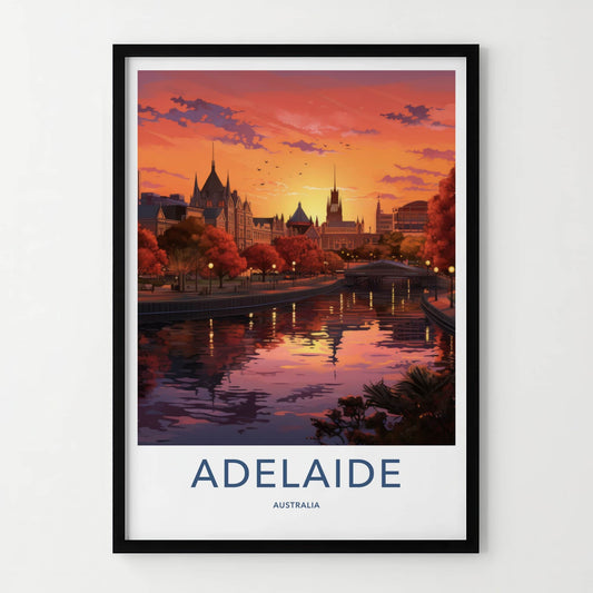 Adelaide Poster - Australia Travel Print - Riverfront City Sunset Wall Decor