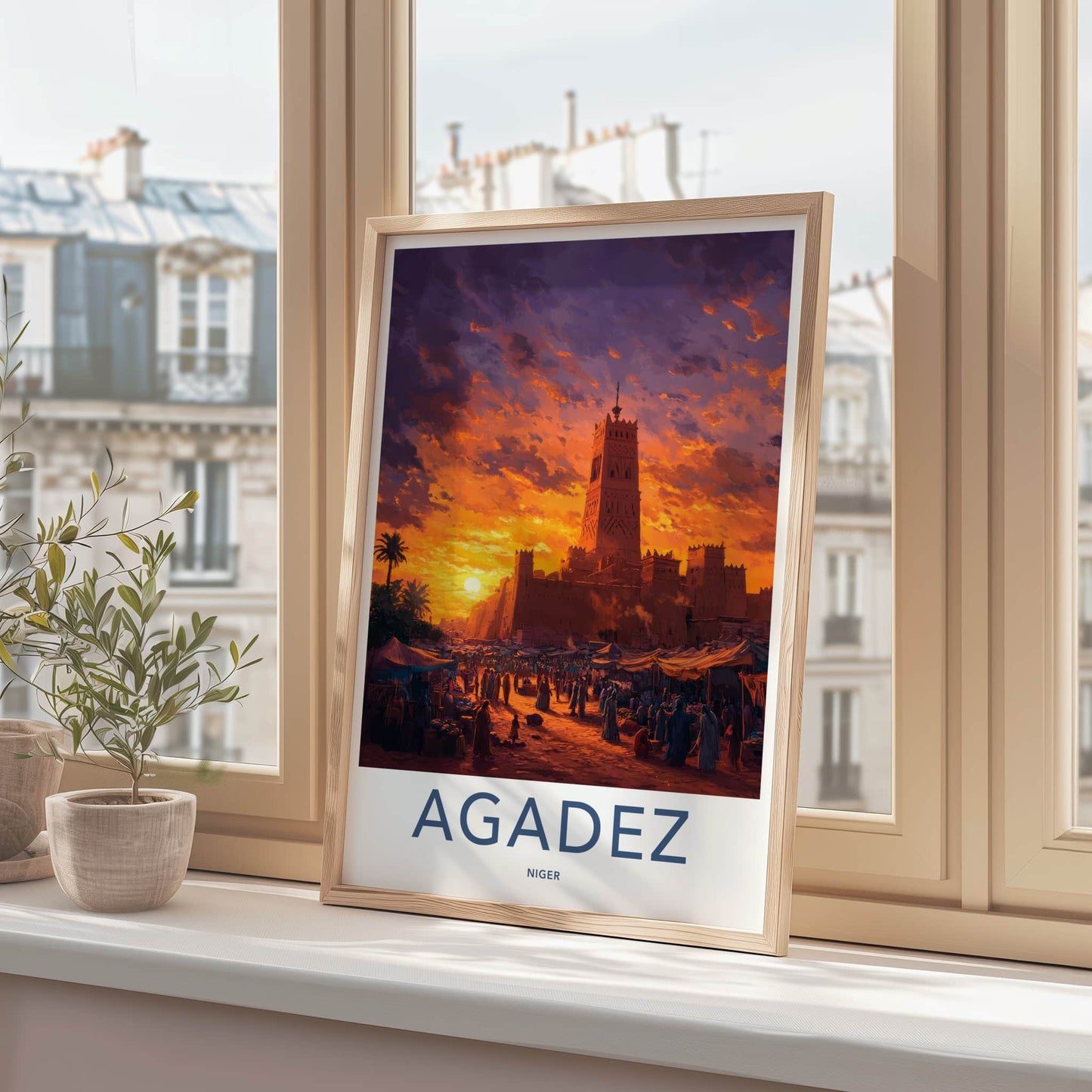 Agadez Poster - Niger Travel Art - Desert Market Sunset Home Decor