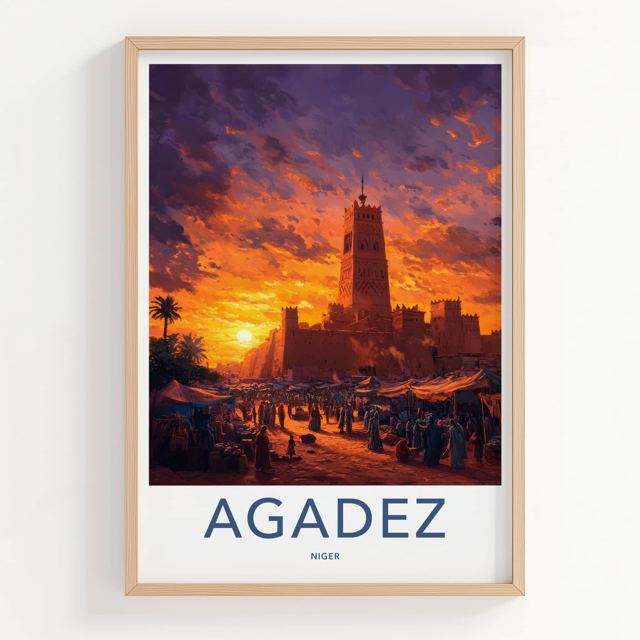 Agadez Poster - Niger Travel Art - Desert Market Sunset Home Decor